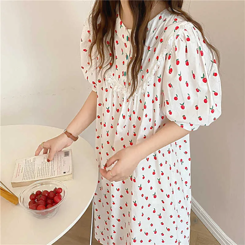 Printed Women O-Neck Chic Short Sleeve Sleepwear Floral Vintage Comfortable Cotton Fashion Pajamas Dress 210525