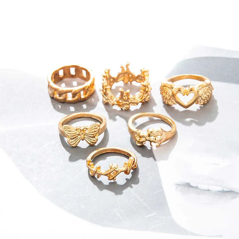 Aprilwell 6 Sztuk Gothic Gold Pierścienie Zestaw Dla Kobiet Estetyczne 2021 Kostium Ringen Biżuteria Lęk Chunky Gadżety Akcesoria X0715