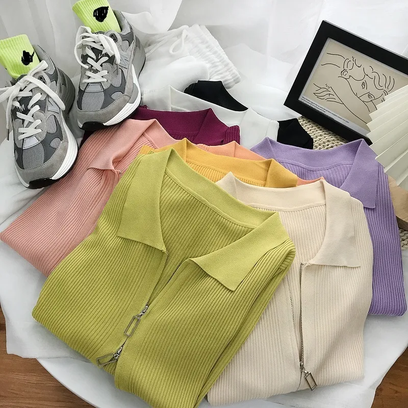 POLO lapel double zipper ice silk sweater women's tops cardiagns short-sleeved summer thin casual half-sleeved T-shirt cardigan 210420