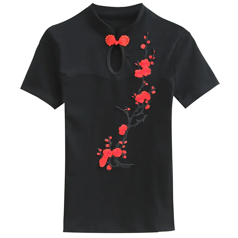 Kadınlar Pamuk T-Shirt Kısa Kollu Örgü Tee Tops Yaz Çin Çiçek Embriodery Tasarım Gösterisi için T03611B 210421