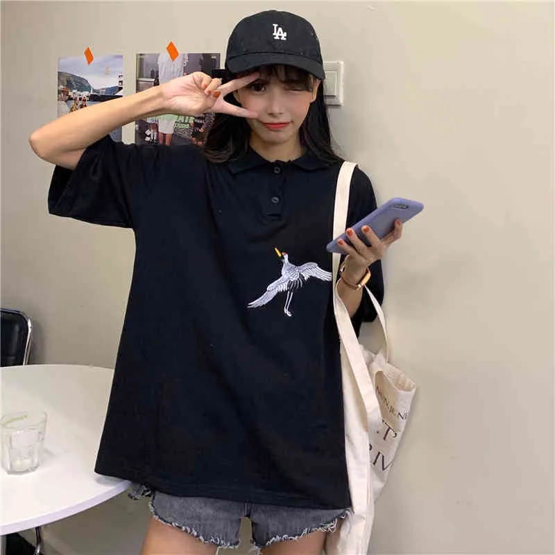 Sale Girls Embroidery Streetwear Cute All Match Short Sleeves Korean Sweet Brief Lapel Chic T-Shirts 210525