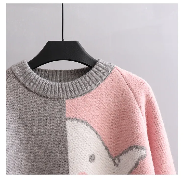 H.SA Kobiety Cute Kawaii Dzianiny sweter i swetry Patchwork Elephant Pink Swetry Harajuku Chic Koreańscy ponadgabarytowe topy 210417