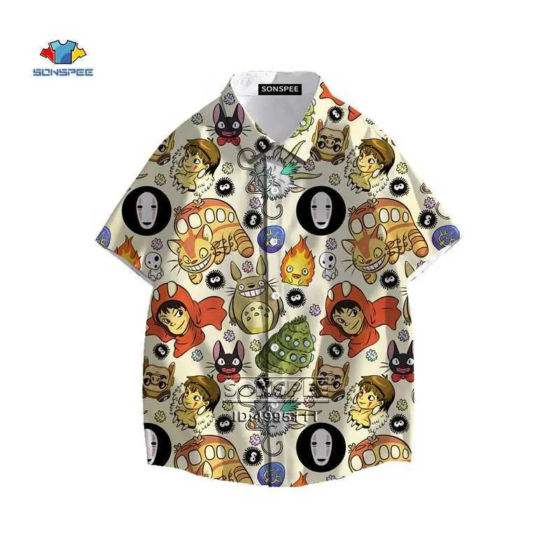 Miyazaki Hayao Minha vizinha Totoro Camisa masculina Spirited Hawaiian Impressão 3D Verão Verão Casual Beach S luva curta 210721