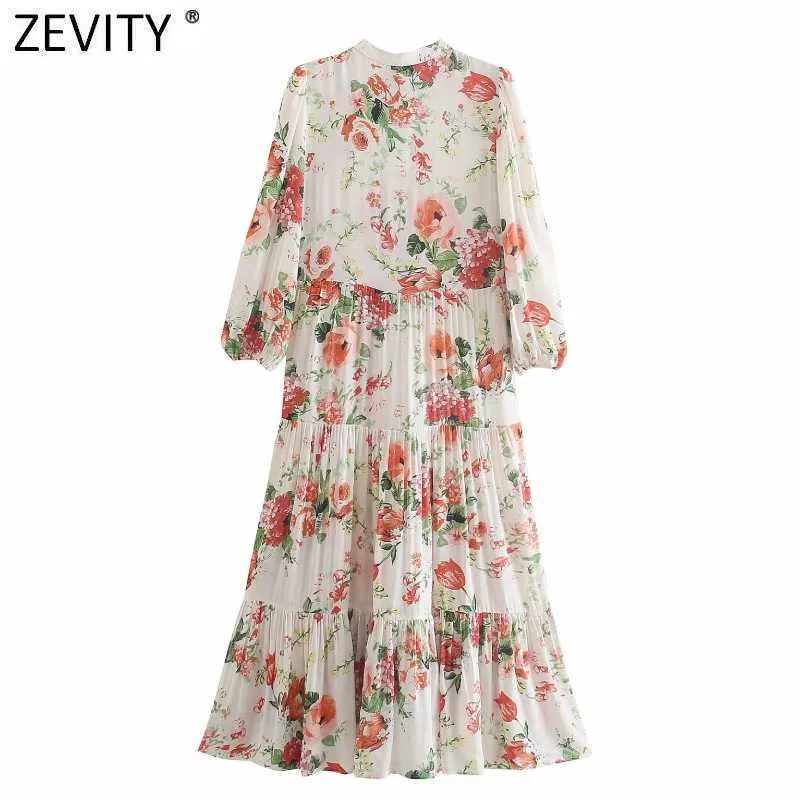 Zeefity Dames Mode Floral Print Plooien Single Breasted Shirts Vrouw Drie Kwart Moe Midi Vestido Chic Jurken DS8391 210603