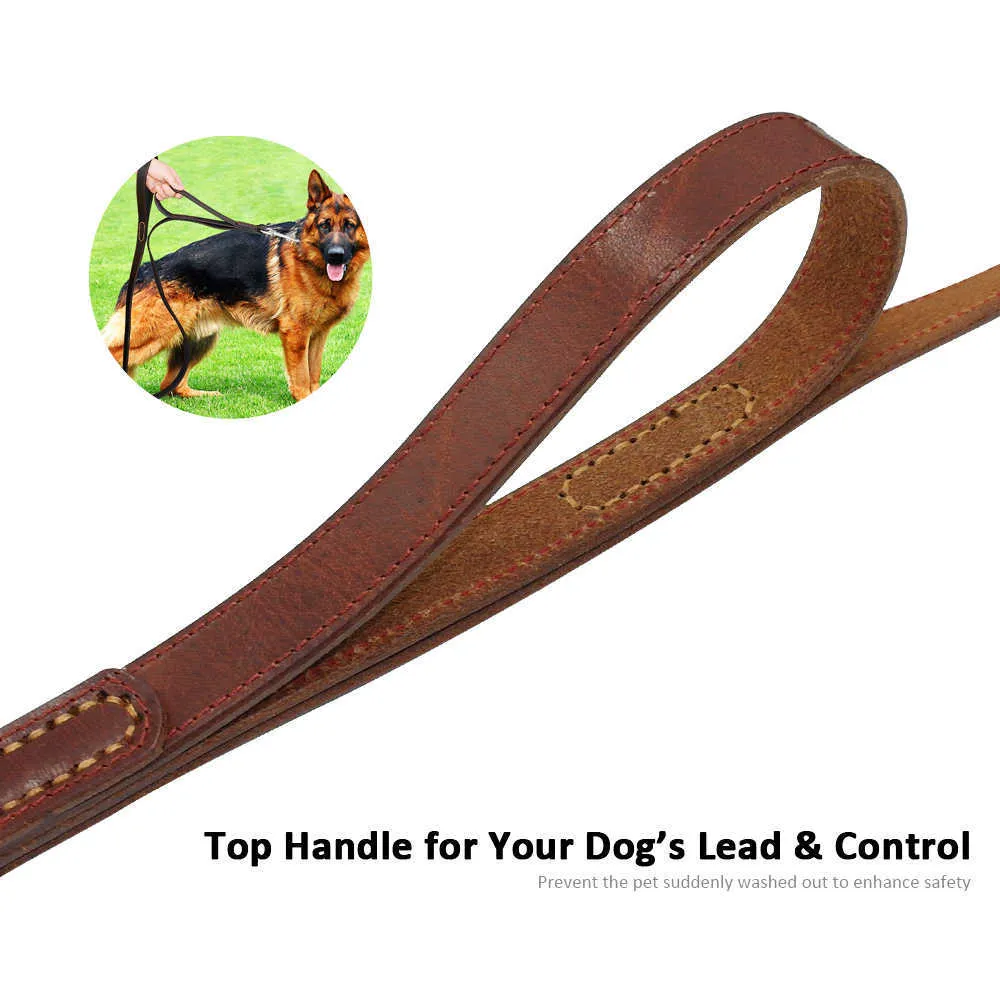 Geniune Lederen Pet Dog Leash Tope Training Walking Lead Lireats voor Medium Large Dogs Snelle controle met 2 handgrepen 211022