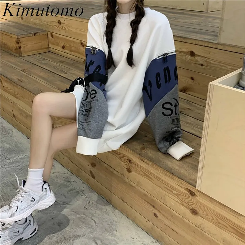 KIMUTOMO Vintage Sweatshirt Dames Lente Chic Hong Kong Stijl Meisjes Brief Afdrukken Rits Patchwork Lange Pullovers 210521