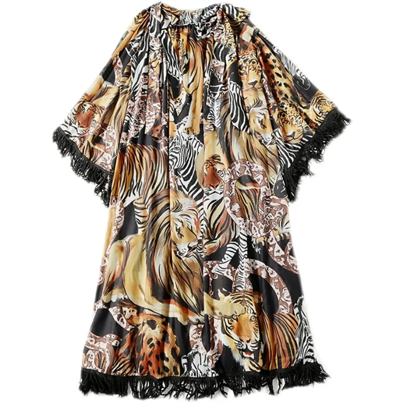 Mode Urlaub Stil Robe Plus Größe Maxi Frauen Große Flare Hülse Tiger Leopard Gedruckt Quasten Lose Lange Kleid 210416