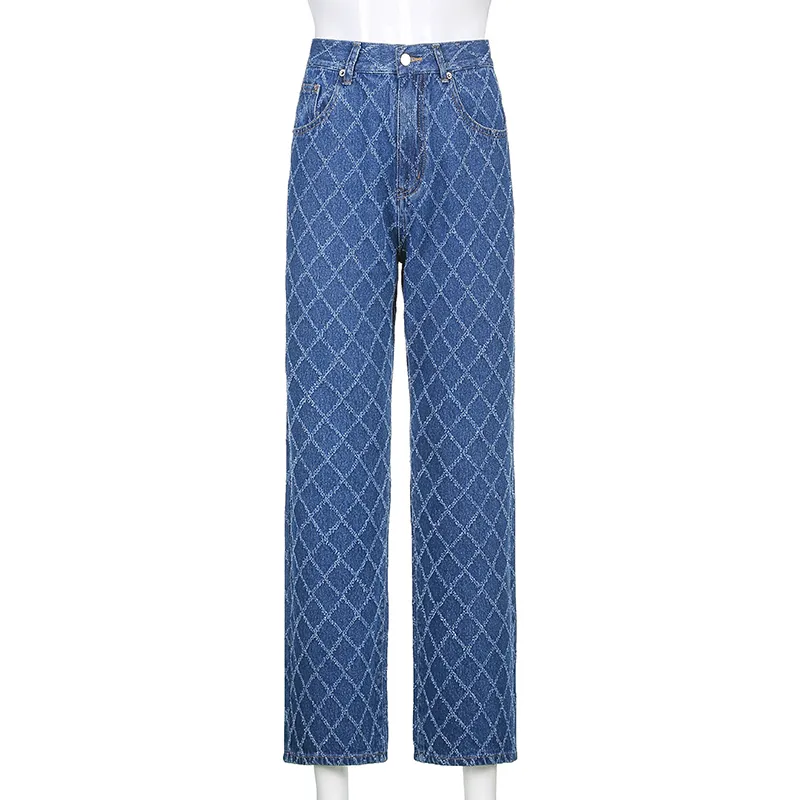 Fashion Argyle Pattern Blue Y2K Jeans For Girls Female Casual Women Vintage Denim Pants High Waisted Trouser Harajuku 210510