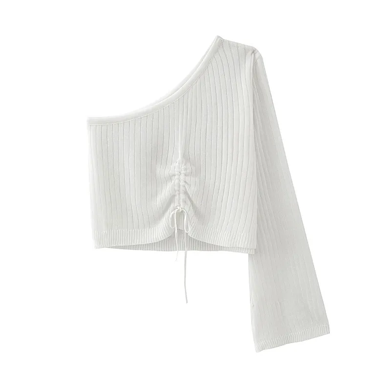 Seksowny sznurek Off Sweter Damski Damski Sweter Pojedynczy Rękaw White Pullover Topy Lato 210430