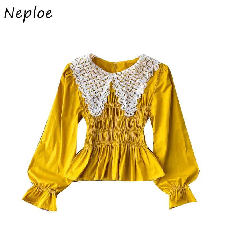 Neploe Hit Color Patch Lace Hook Blomma Blus Kvinnor Peter Pan Collar Flare Långärmad Pullover Blusas Slim Fit Draped Shirt 210423