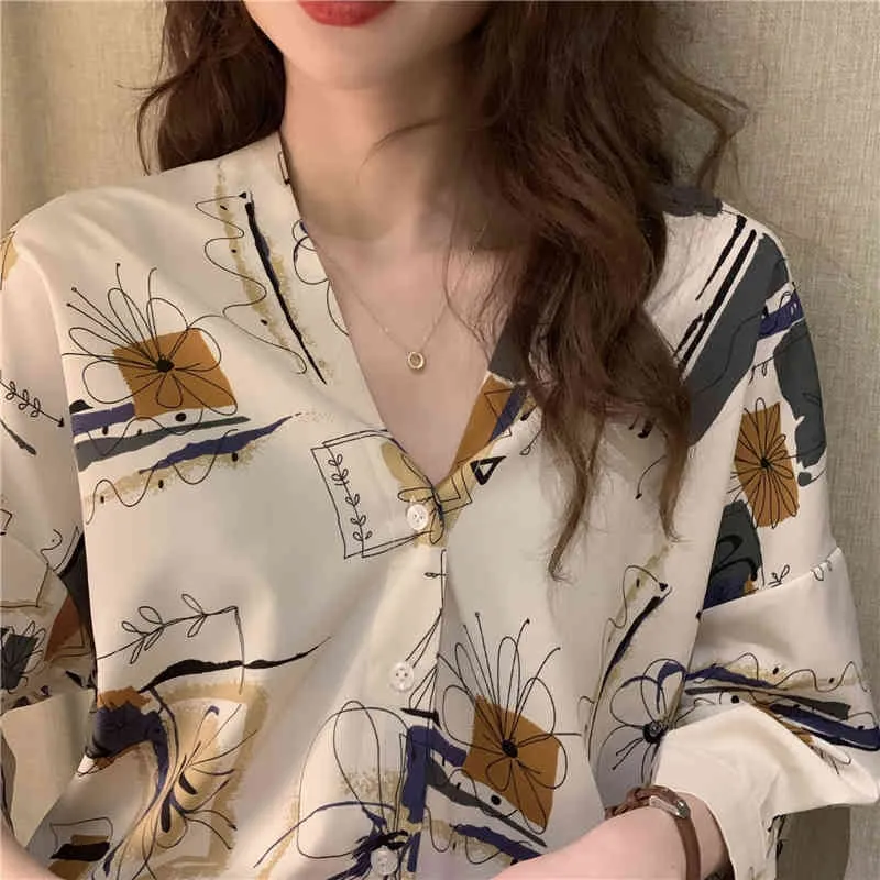 Японская улица носить женщин топы корейских свободных элегантных печати V-образным вырезом три четверти рукав блузка женская одежда 10198 210427