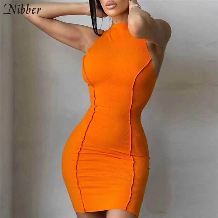 Nibber Basic Rib knit Neon Bodycon Mini Robes Pour Femmes Vêtements D'été Rue Casual Wear Femme Sans Manches Y2K Robe Urbaine Y0823