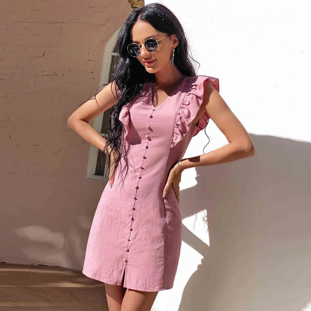 Foridol Abito vintage con volant casual Abito estivo da spiaggia Boho Abito da donna femminile rosa solido Mini abito donna Office Lady Abiti 210415