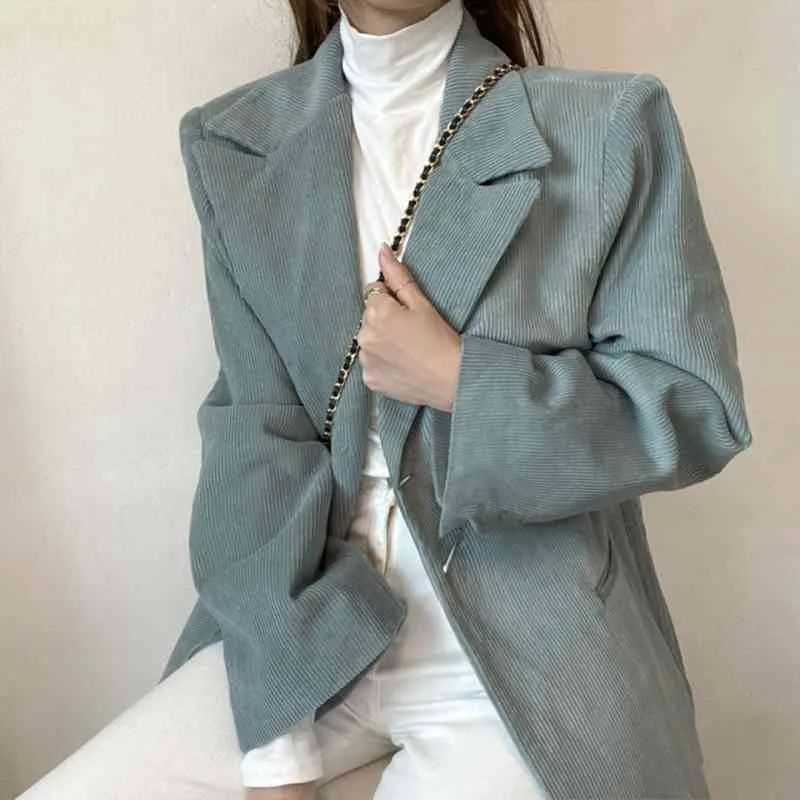 Lucyever Automne Femmes Blazers Corduroy Cranté Long Blazer Femme Coréen Chic Style Vert À Manches Longues Vêtements Femme 210521