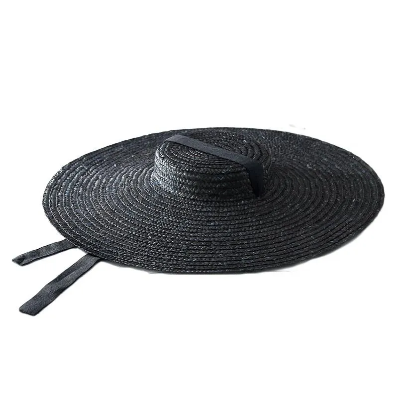 15cm Wide Brim Straw Hat Flat Top Summer Beach Hats For Women Ribbon Boater Sun Gray Black Red Pink Blue With Chin Strap2765