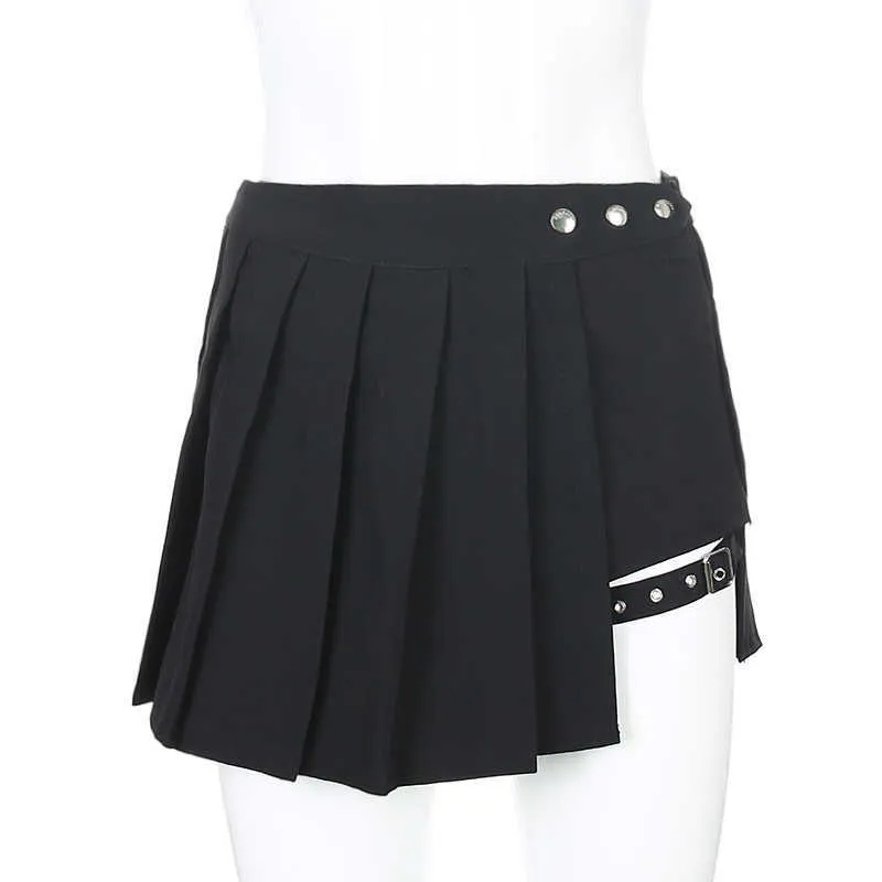 SUCHCUTE sexy gothic high waist women pleated mini skirt with short ribbons A-line Skirts streetwear solid female party outfits 210621