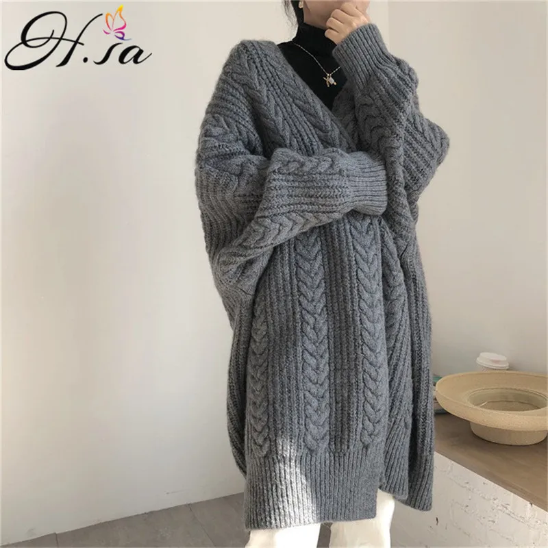 H.SA Mujer Mulheres Long Cardigans V Neck Batwing Sleeve Torcido Sweater Sweater Split Split Korean Winter Knitcoat 210417