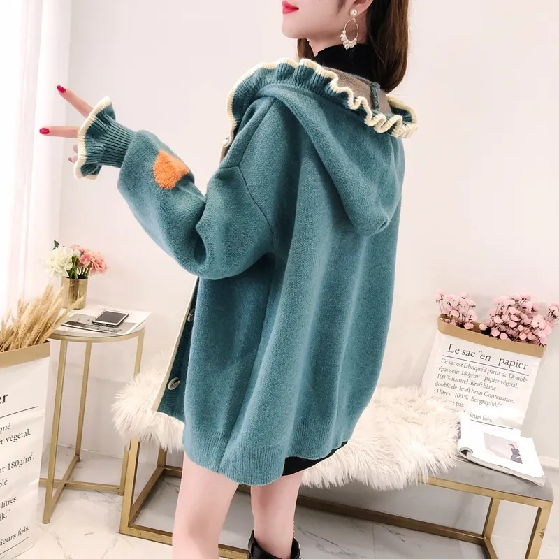 H.SA Dames Herfst Winter Cardigan Hooded Poncho Oversized Sweater Ruches Losse Knit Jas Winterteller Overjas 210417