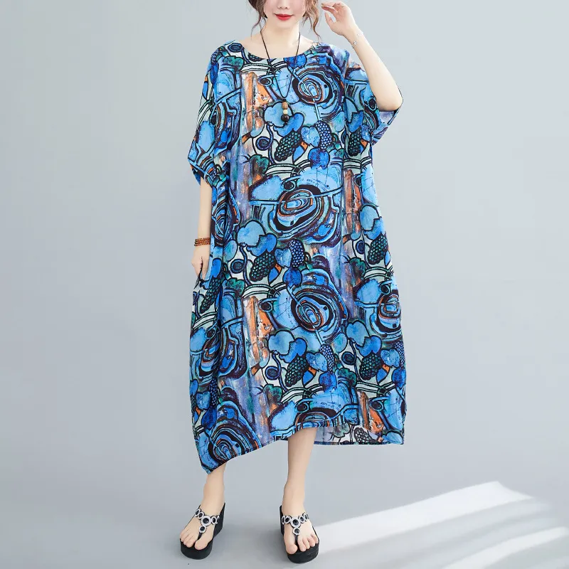 Johnature Summer Retro Robe Imprimer O-Cou Coréen Lâche Confortable Demi-manche Plus Taille Femmes Robes Vintage 210521