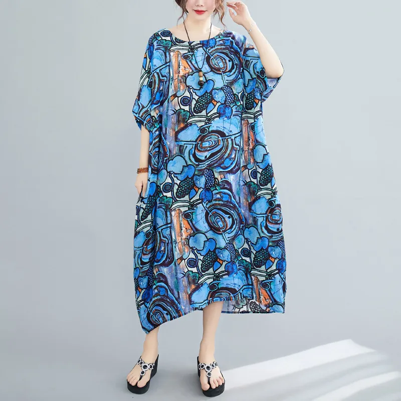 Johnature Summer Retro Sukienka Drukuj O-Neck Koreański Luźny Wygodny Pół Rękaw Plus Size Kobiety Vintage Dresses 210521