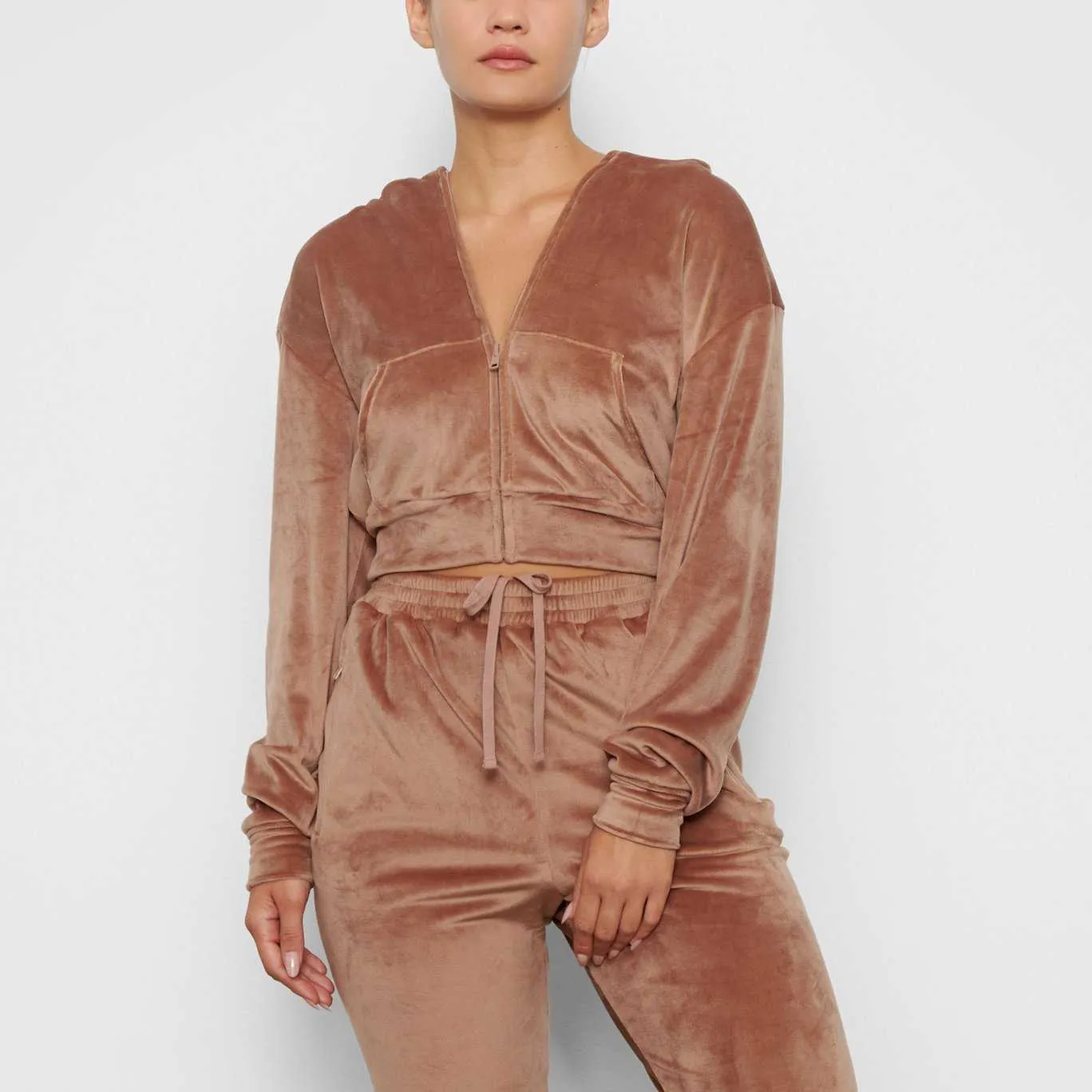 Velour TrackSuit Pocket Långärmad Zipper Hoodie Sweatshirt Beam Feet Byxor Två Piece Sets Kvinnor Casual Streetwear Autumn Suit 210604