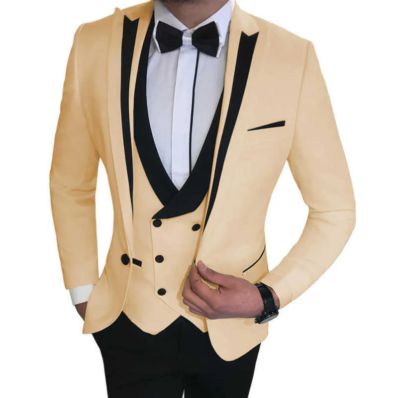 White Slim Fit Men Suits for Groom Double Breasted Waiscoat Male Fashion Jacket with Black Pants Wedding Tuxedo 2021 X0909