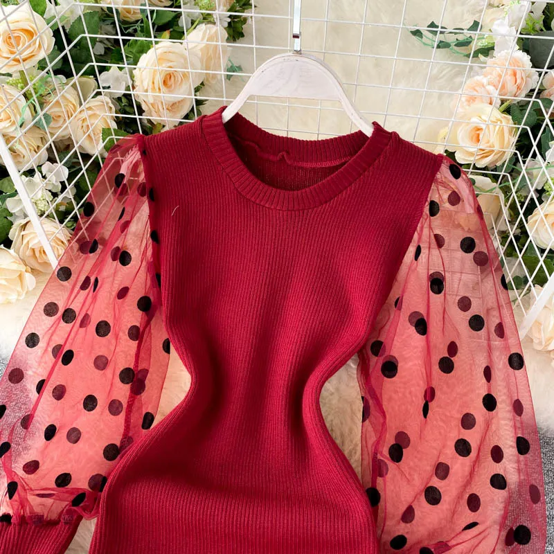 Dot Mesh Splice Knitted Dress Women Elasticity Long Puff Sleeve Dress Autumn Korean Sweet Fashion Sweater Dresses 210419