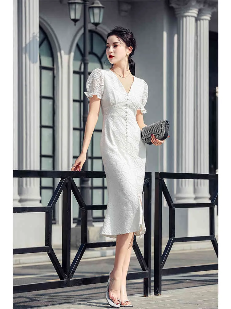 Mulheres Mulheres Branco Lace Vintage Elegante Único-Breasted v Neck Slow Sleeve Sleeeid Party Dinner Dresses Vestidos 210514