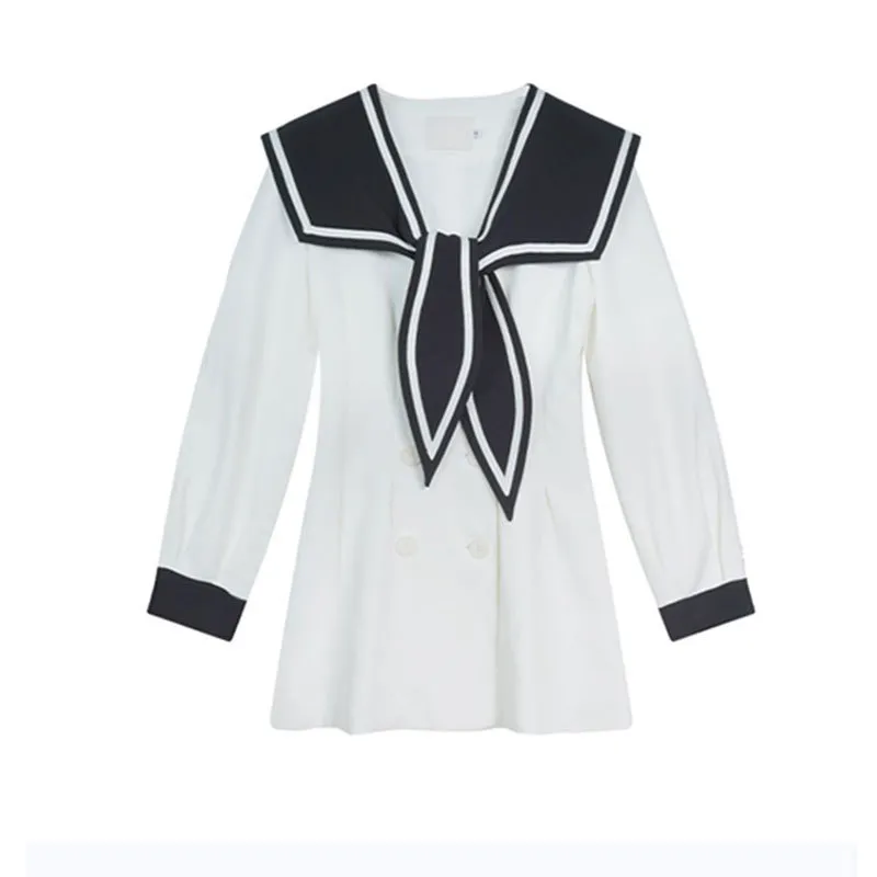 Col marin à manches longues robe coréenne femmes style preppy double boutonnage noir blanc mini printemps mode 210427