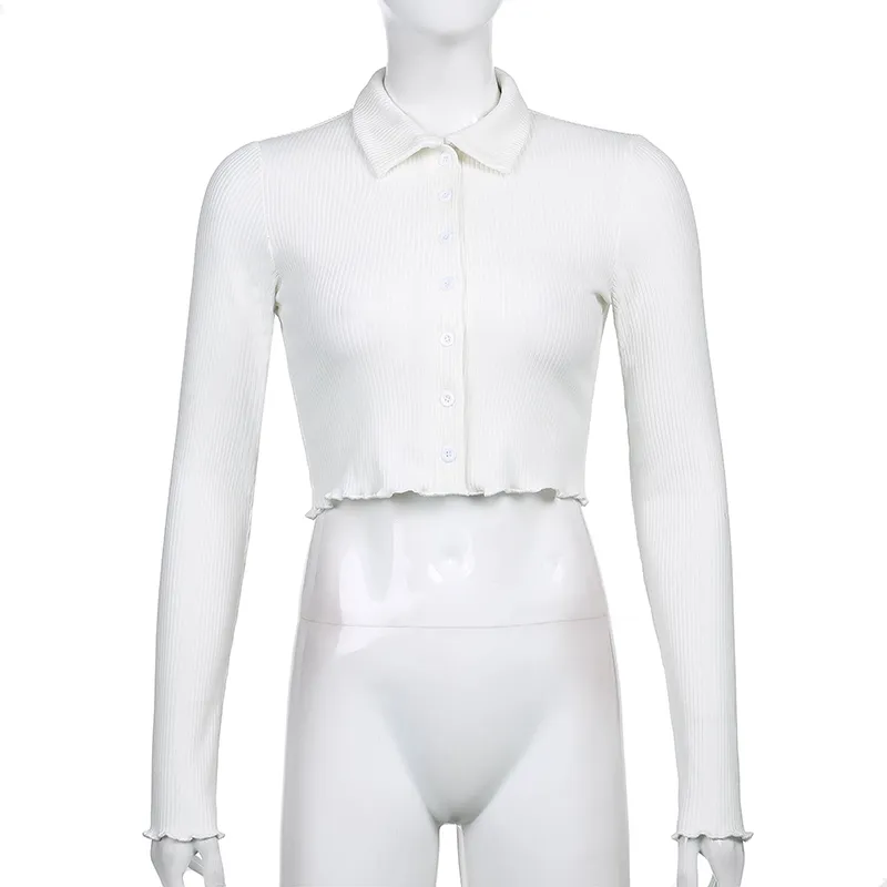 カジュアルリブ付きニットターンダウンダウンロングスリーブ女性クロップホワイトTシャツ女性シングルブレストティーシャツトップ衣料品210510