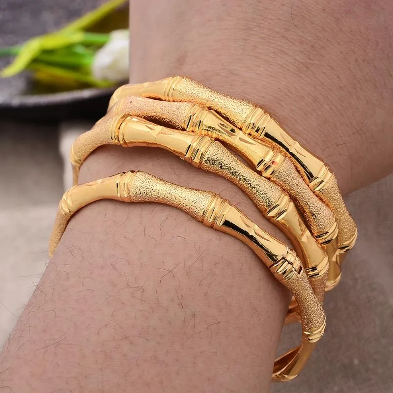 18k Ethiopian Gold Color Bangle For Women Dubai Frosted Luck Bamboo Wedding Bracelet African Arab Jewelry Middle East246b