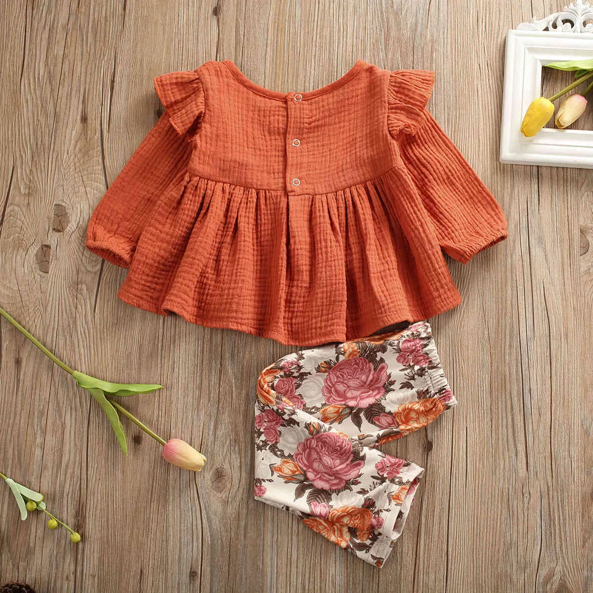 6m-5y toddler baby barn tjejer blomma kläder uppsättning höst långärmad ruffles toppar + blommiga byxor outfits 210515