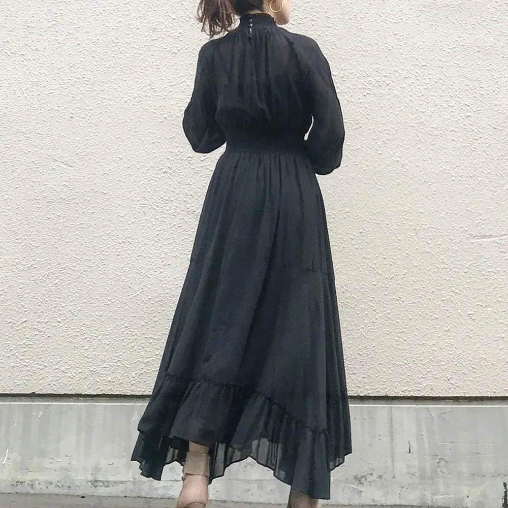 Fashion Women Black Dress Long Sleeve Ruffle A Line High Waisted Female Korean One Piece Sweet Office Lady Spring Maxi Dress X0521