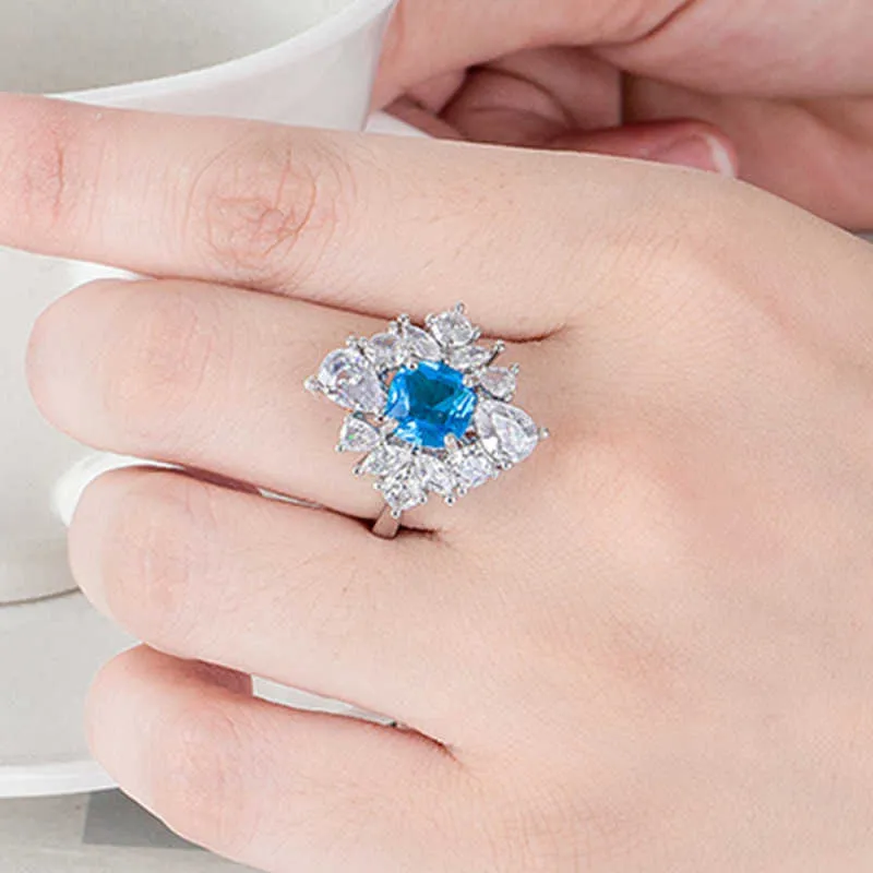 Anéis femininos joias de cristal novo zircão irregular cavalo olho gota anel de diamante aberto cluster azul para estilos de banda feminina