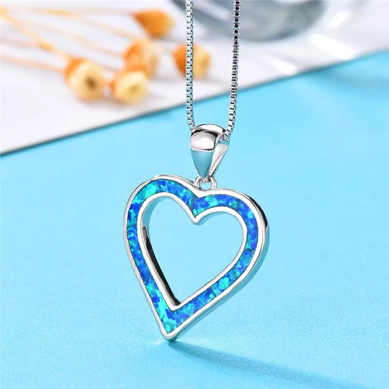 Pendant Necklaces Cute Boho Female Big Heart Pendants Fashion Silver Color White Blue Opal For Women Vintage Jewelry251S