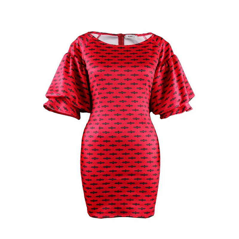 Femmes Mini Imprimé Robe Moulante Rouge De Noël Grande Lanterne Manches Mince Sexy Élégant Robes Africaines Fête Date Nuit Anniversaire Automne 210416