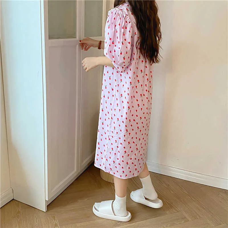 Printed Women O-Neck Chic Short Sleeve Sleepwear Floral Vintage Comfortable Cotton Fashion Pajamas Dress 210525