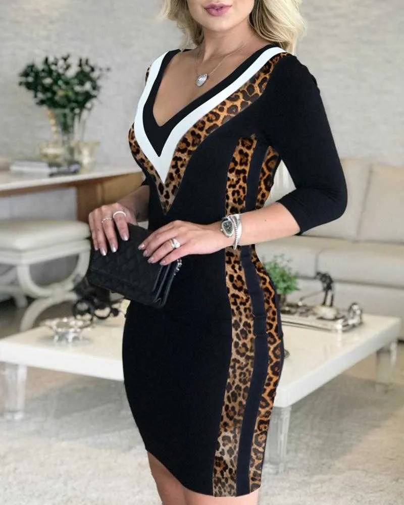 Contrast Color Striped Tape Bodycon Dress Women Sexy V Neck Long Sleeve Party Dress 210719