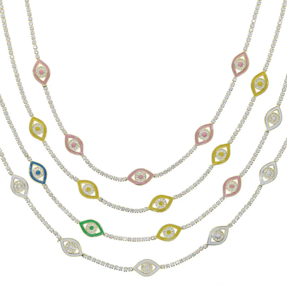 CZ-Tennis-Choker-Halskette, goldfarben, Metall, Neon-Emaille, türkischer böser Blick-Charme, glücklich, niedlich, schöne Frauen-Kettenhalsketten