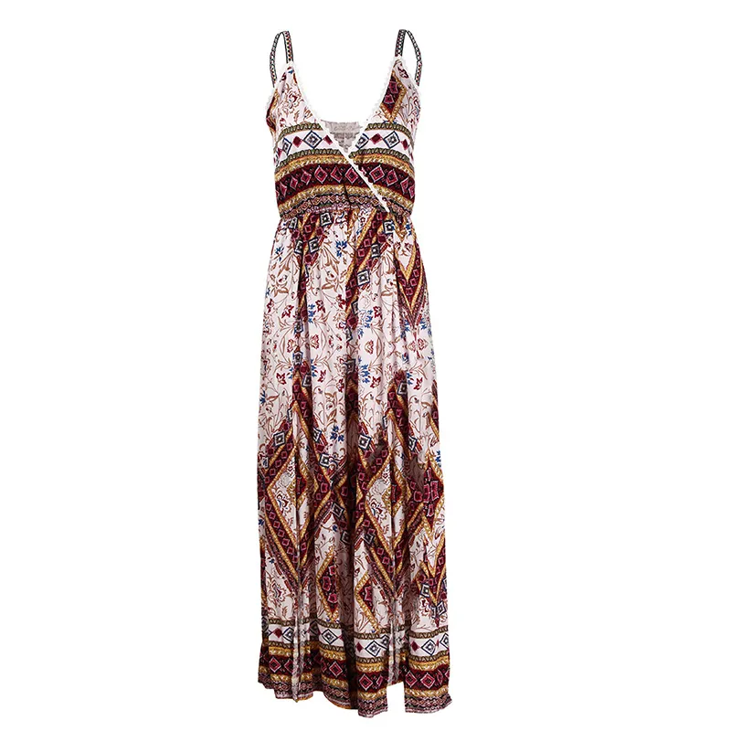 Foridol Koronki Łączony Backless Pasek Kombinezony Kobiety Boho Plaża Szczur Długie Spodnie V Neck Calansas Floral Print Czeski Jumps 210415