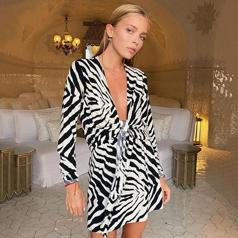 Lucyever Sexy V-Ausschnitt Hemd Kleid Frauen Frühling Sommer Elegante Zebra Print Langarm Mini Kleider Frau Bandage Strand Kleid Dame 210521