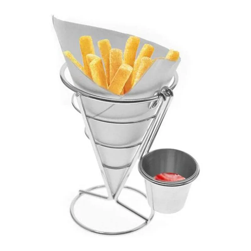 Bolsas de jóias Sacos Batatas Fritas Stand Cone Cesta Fry Titular com Molho Dippers Metal Frango Frito Display Rack Wire331K