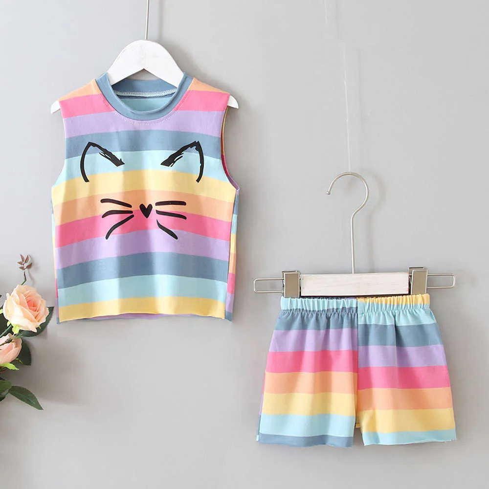 여름 아이 의류 세트 소녀 다채로운 줄무늬 만화 조끼 반바지 정장 아기 옷 210528