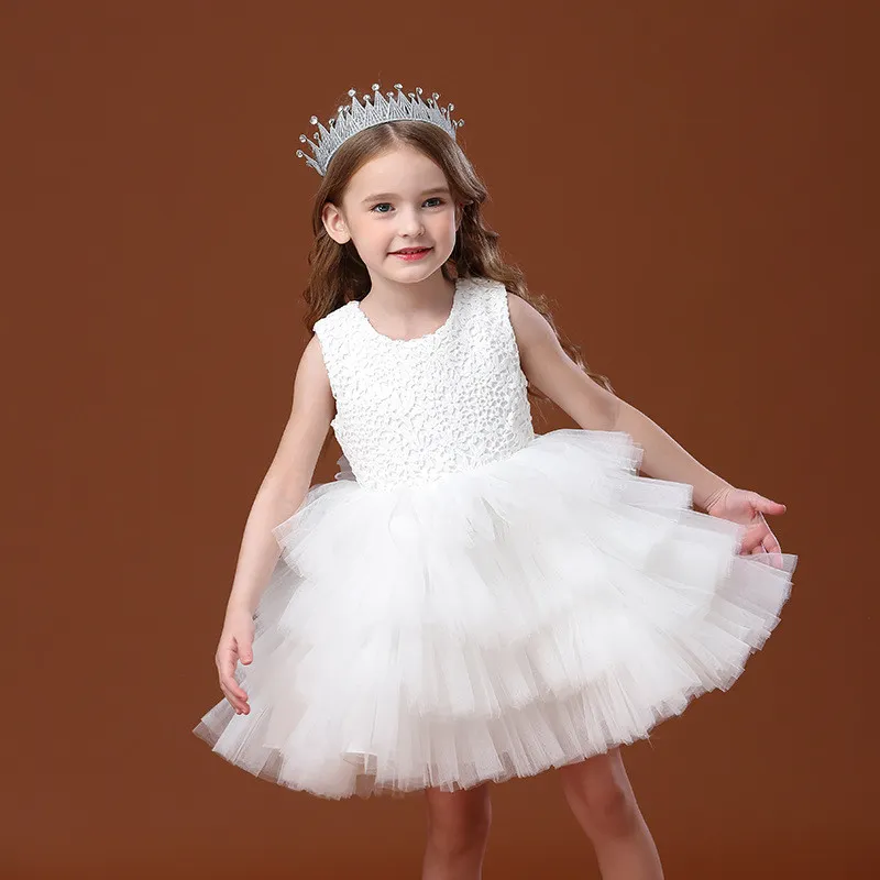 Blanco boda cumpleaños vestido encaje tutú princesa vestido Floral bordado niñas niños ropa niños fiesta para niña ropa 210331