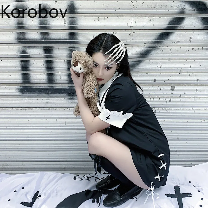 Korobov 일본어 하라주쿠 Ulzzang 여성 드레스 여름 히트 컬러 자수 드레스 스트리트웨어 어두운 스타일 여성 Vestidos 210430