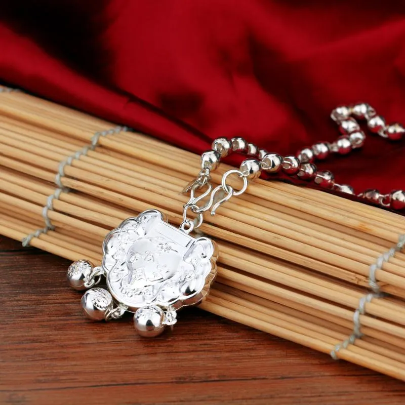 Retro Chinese Style Solid 925 Sterling Silver Lock Pendant Fashion Women Long Necklace Sweater Chain Jewelry Chains320V