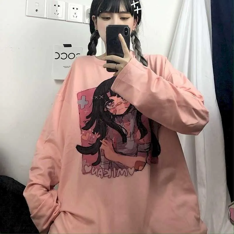 Мультфильм напечатанный гот футболка Preppy с длинным рукавом осень женские топы корейский стиль футболки панк-футболок 2020 новая мода T SHRT Y0621