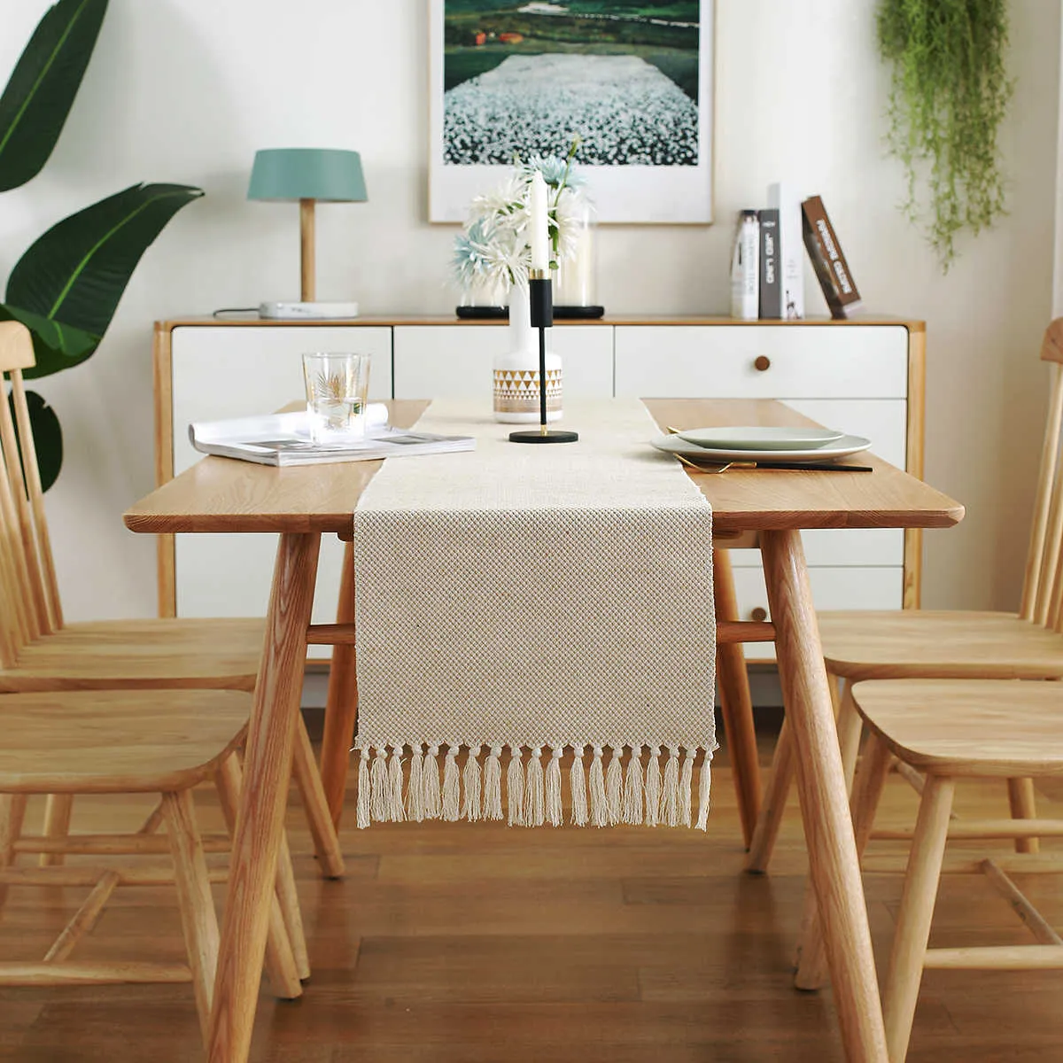 Bondgård stil bomull linne bord löpare med handgjord frans, rustik vävd jute by matsal löpare burlap decor 210628