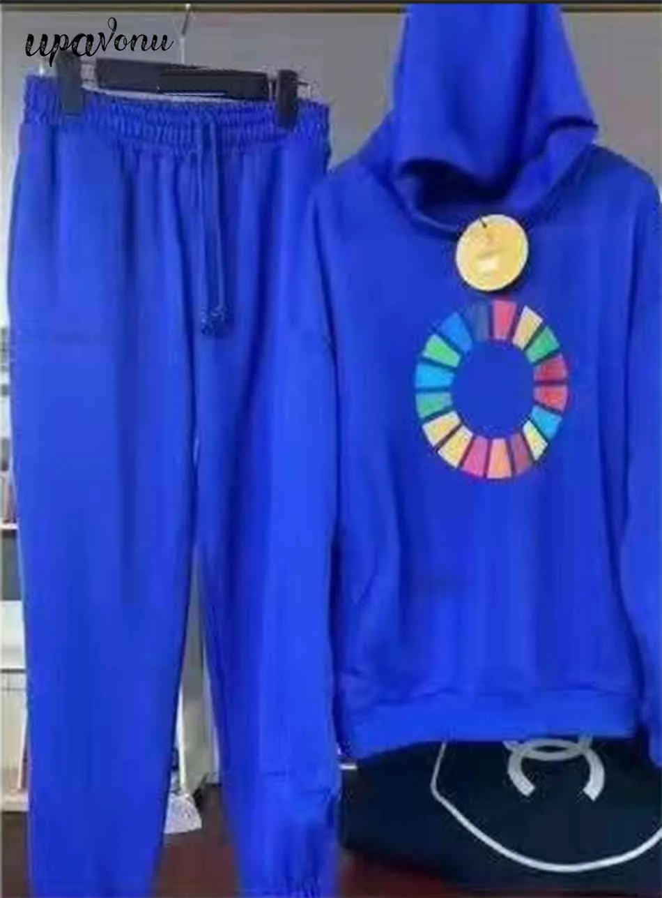 Ücretsiz kadın Mektup Spor Set Rahat Uzun Kollu Sıcak Polar Kapüşonlu Kazak Elastik Pantolon 2-piece 210524