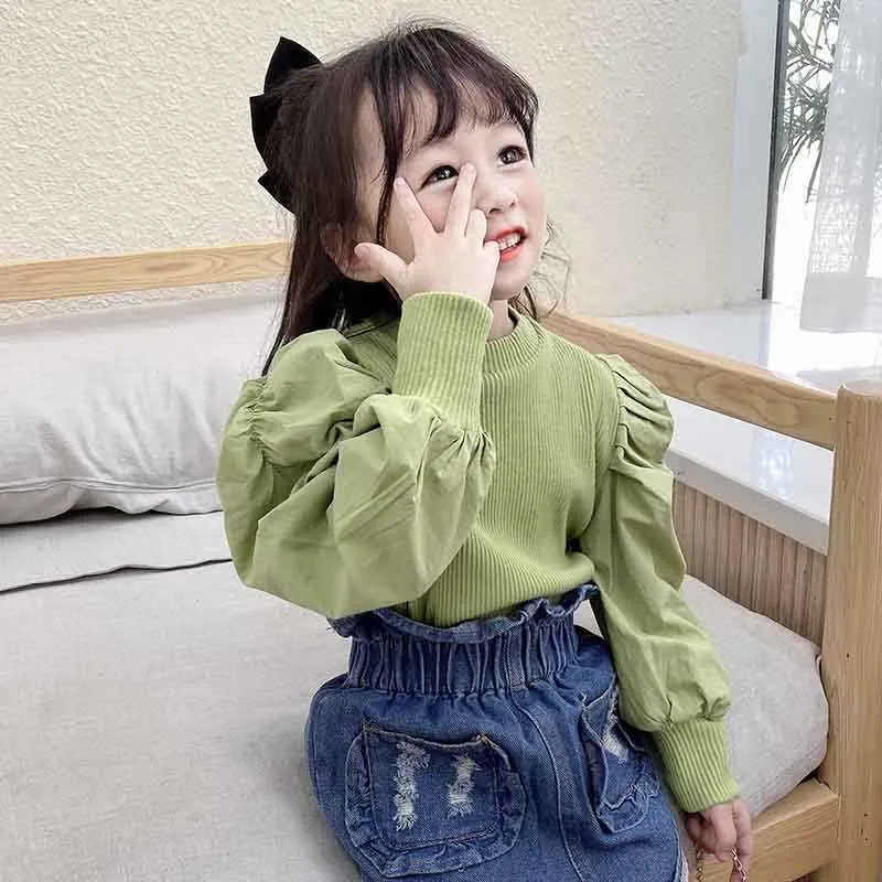 Girls Puff Sleeve Knitwear Autumn Style Children's Fashion Japanese and Korean Sweet Long Tops 2-7 Years Old Kids Clothes 210625